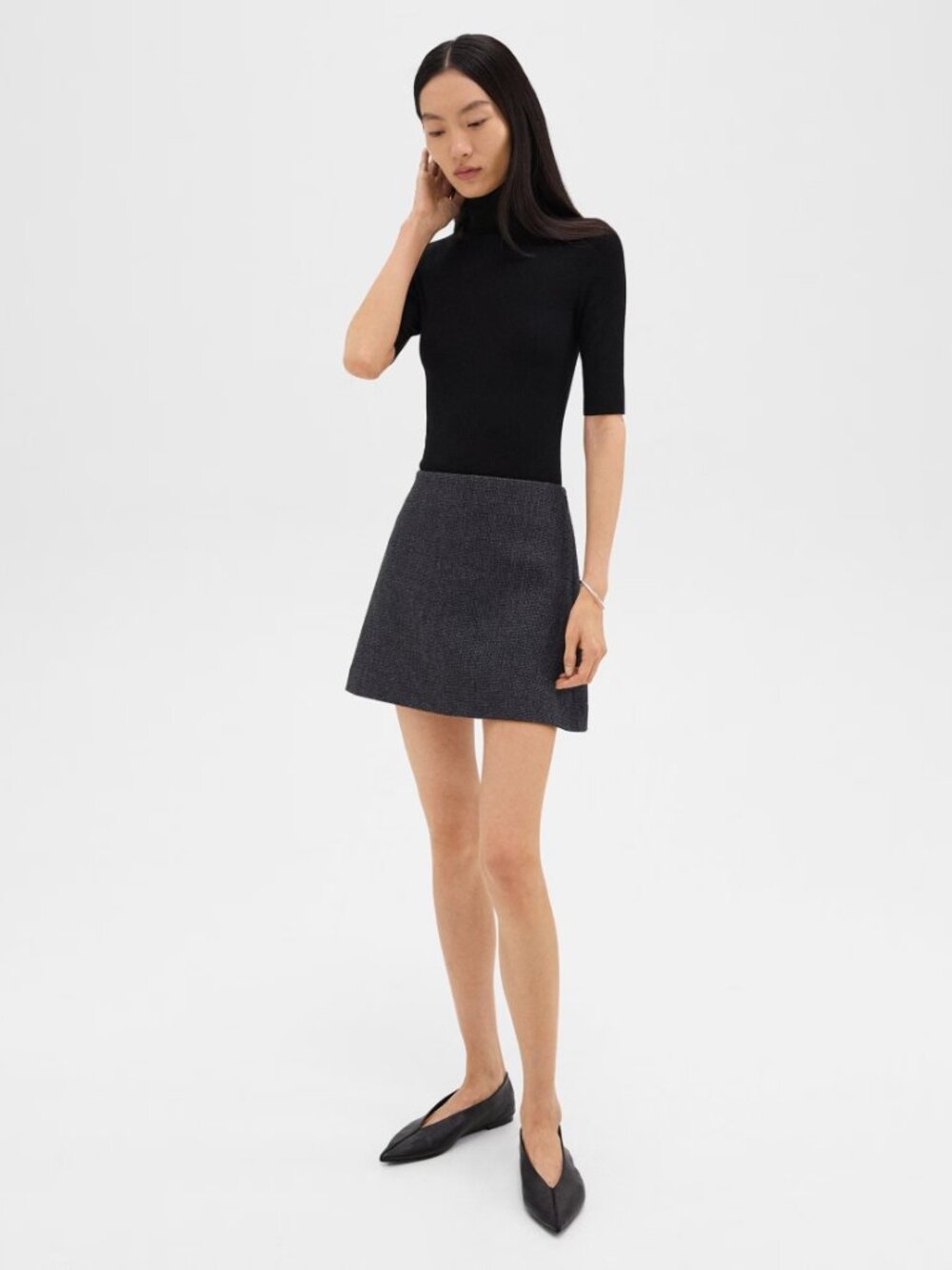 Theory High Waist Mini Skirt in Tweed Charcoal Melange Gray A Line